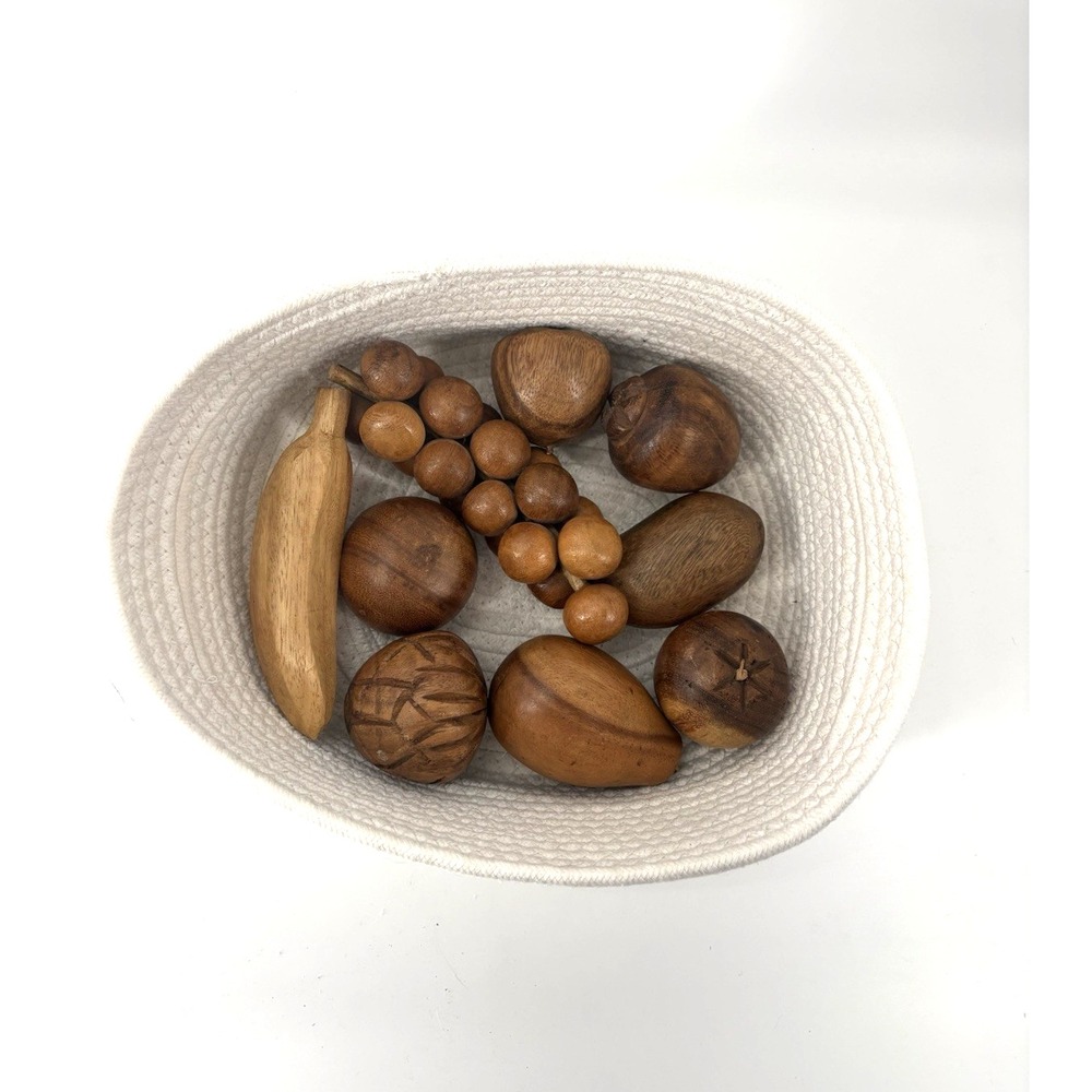 Vintage Carved Wooden Fruit Set 9 Piece Handcrafted Decor with White Basket